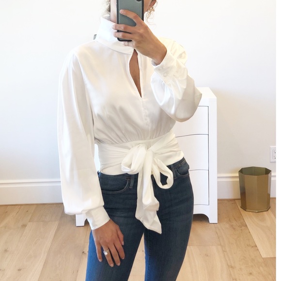 MILAN White Cropped Keyhole Mock Tie Blouse - Picture 8 of 10